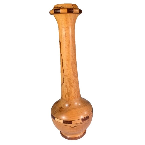 Vintage 10.5" Turned Spalted Beech & Segmented Maple Marquetry Bud Vase Signed - Picture 5 of 11